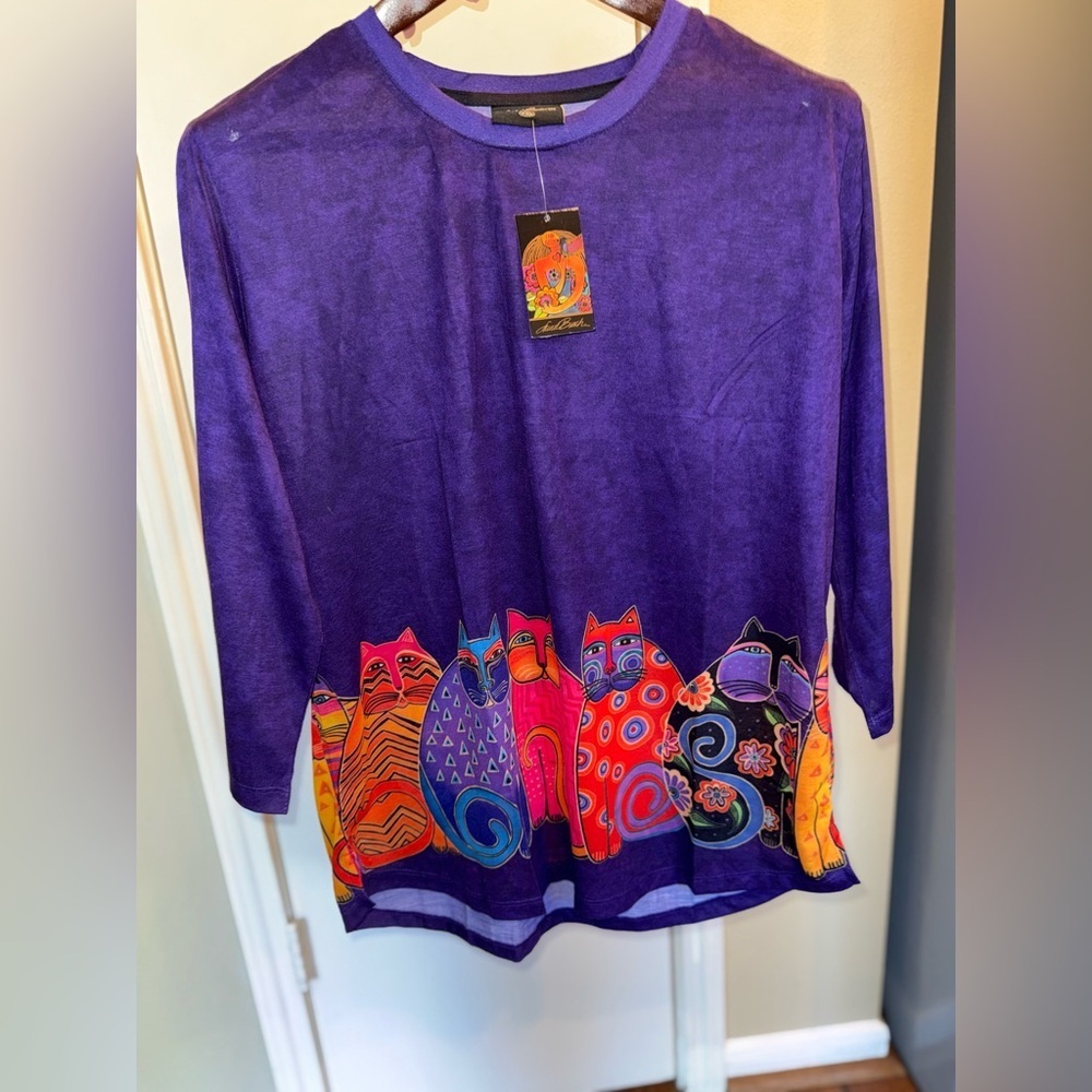 Laurel Burch Cat Art Top XXL Purple Colorful Whimsical 2015 Deadstock NWT - Picture 3 of 13
